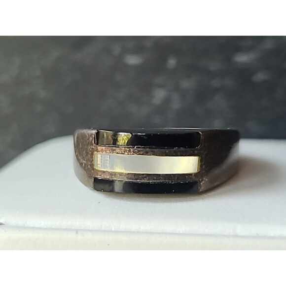 925 Sterling Silver Onyx & Mother of Pearl Inlay Ring, SIZE US 7 Vintage - Picture 3 of 10